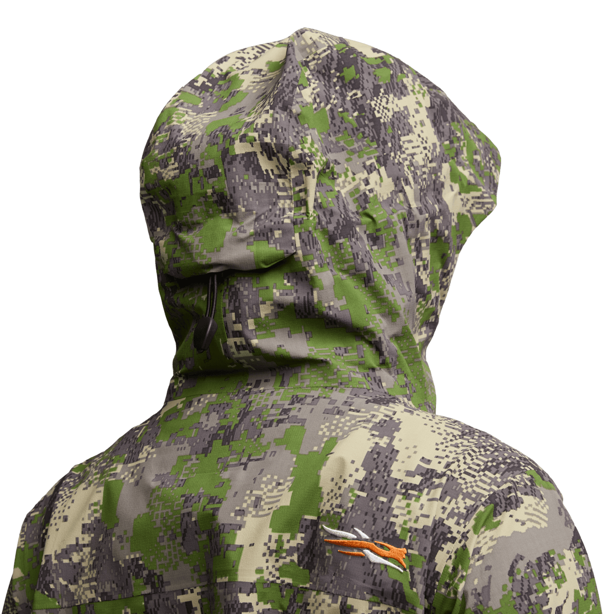 Green digital camouflage hooded jacket close-up with front zipper and chest logo