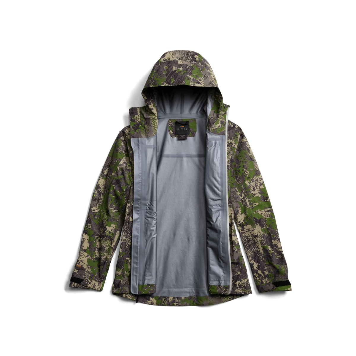 Camouflage waterproof jacket with adjustable hood and full front zipper