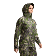 Green digital camouflage hooded jacket with front zipper and drawcord hood