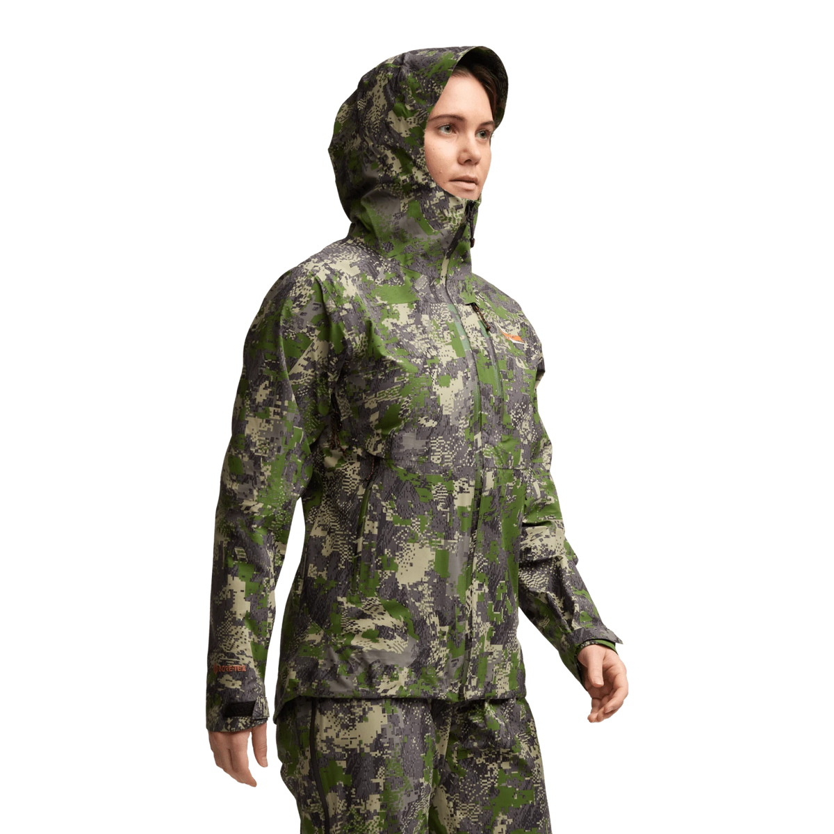 Green digital camouflage hooded jacket with front zipper and drawcord hood