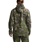 Digital camouflage hooded jacket back view with adjustable hood and long sleeves