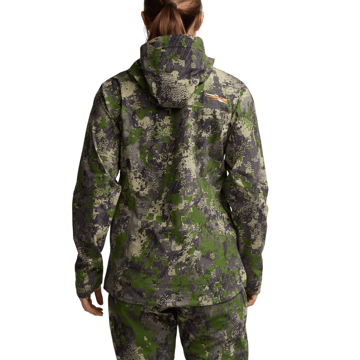 Digital camouflage hooded jacket back view with adjustable hood and long sleeves