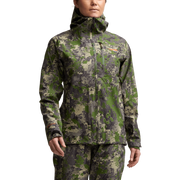Camouflage women's jacket with stand collar, front zipper, and adjustable hood