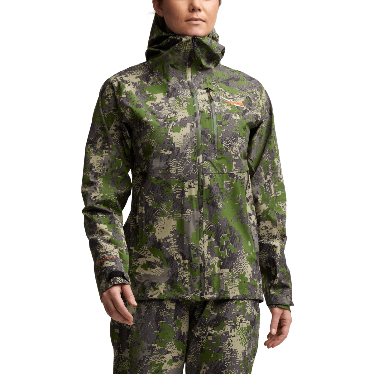 Camouflage women's jacket with stand collar, front zipper, and adjustable hood
