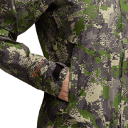 Camouflage hooded jacket sleeve with zipper pocket and logo patch detail