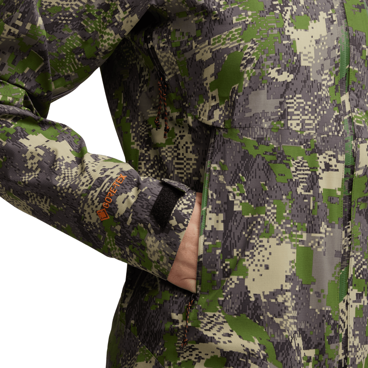 Camouflage hooded jacket sleeve with zipper pocket and logo patch detail