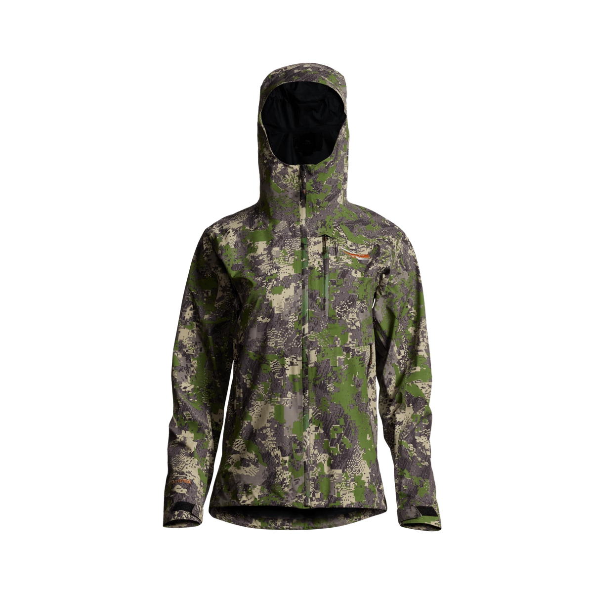 Women’s pixel camouflage hooded jacket with full-length zipper and logo