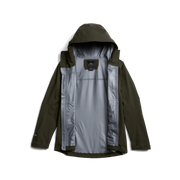 Women’s olive-green hooded jacket with hidden zip and light inner lining