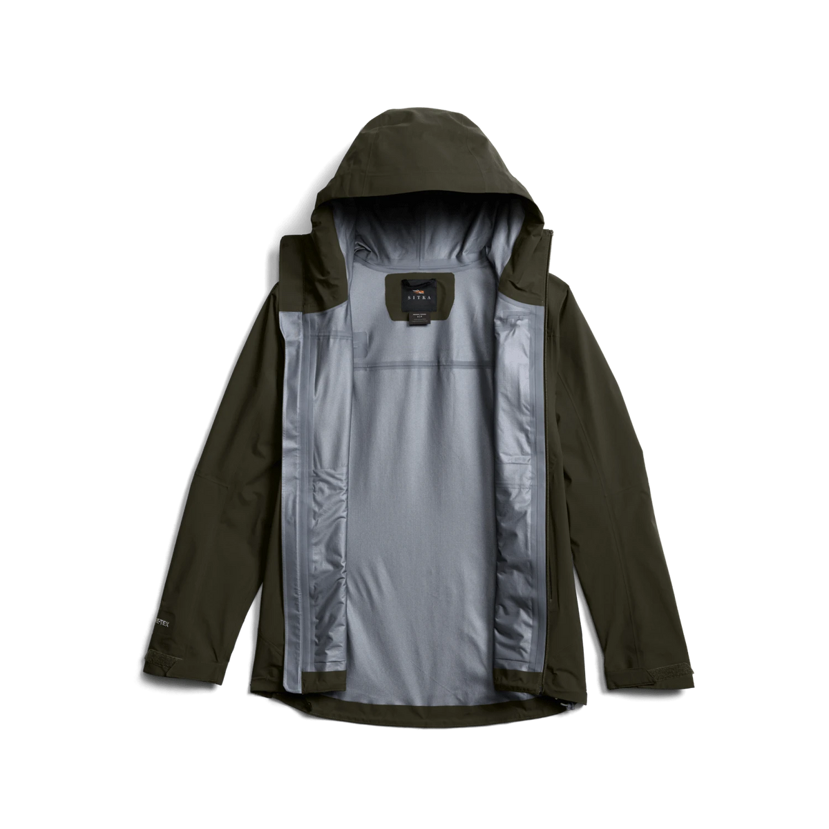 Women’s olive-green hooded jacket with hidden zip and light inner lining