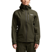Dark olive hooded jacket with center zipper, stand collar, and chest logo patch