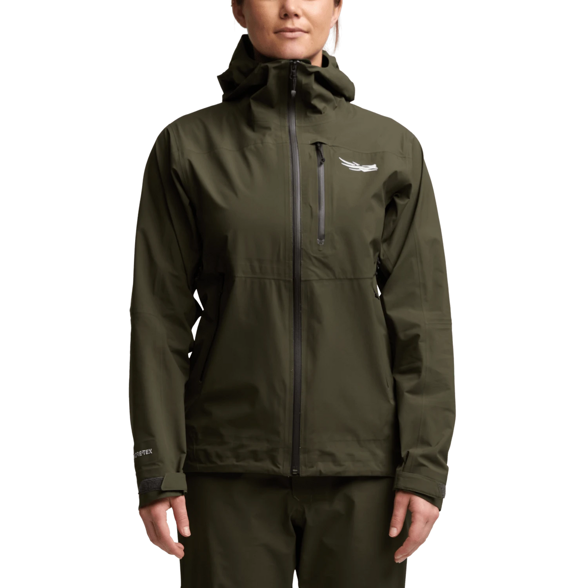 Dark olive hooded jacket with center zipper, stand collar, and chest logo patch