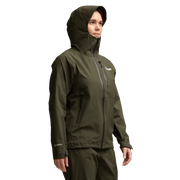 Women’s olive hooded jacket worn by model, side/front view
