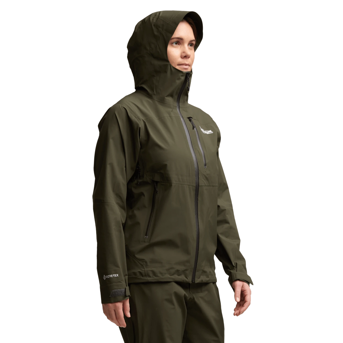 Women’s olive hooded jacket worn by model, side/front view
