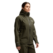 Olive waterproof jacket with full front zipper, stand collar, and side pockets
