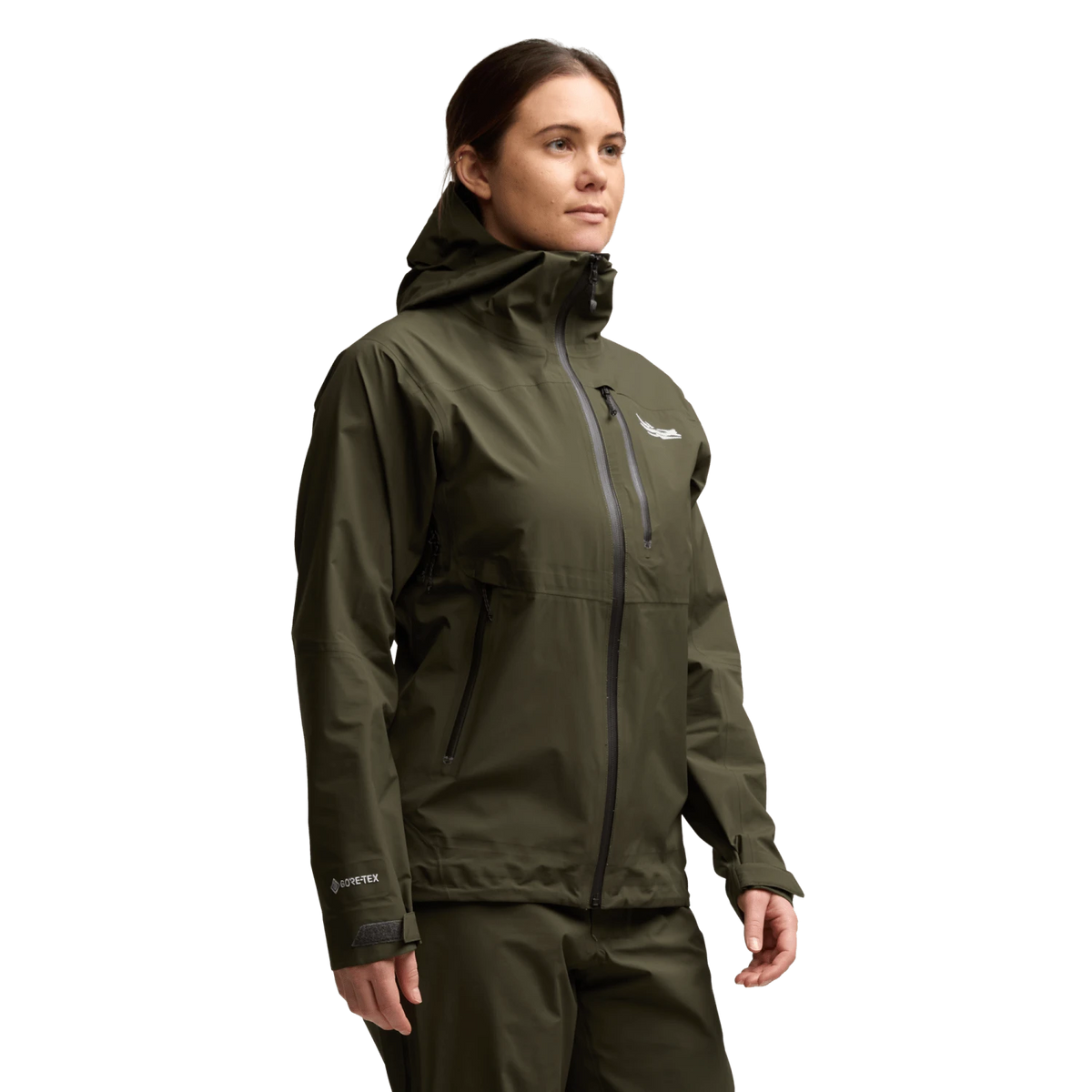 Olive waterproof jacket with full front zipper, stand collar, and side pockets