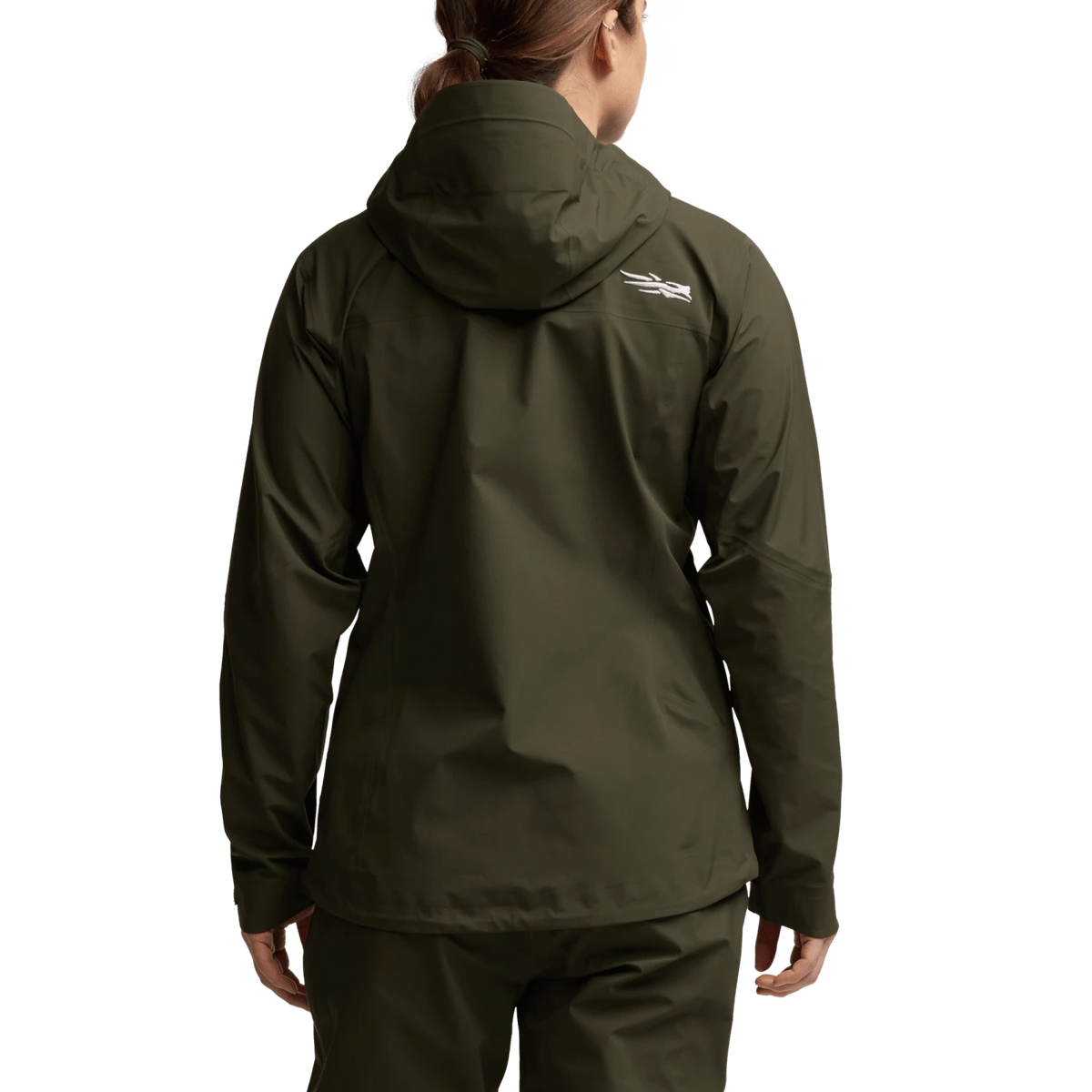 Women's Dew Point jacket, dark green hooded shell with zip front and side pockets