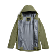 Women’s olive-green hooded jacket with zip front and light gray inner lining