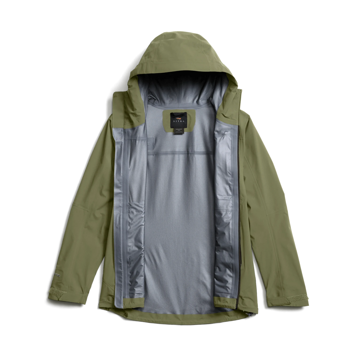 Women’s olive-green hooded jacket with zip front and light gray inner lining