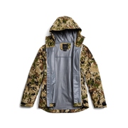Women's Dew Point jacket, camo hooded shell with gray lining visible