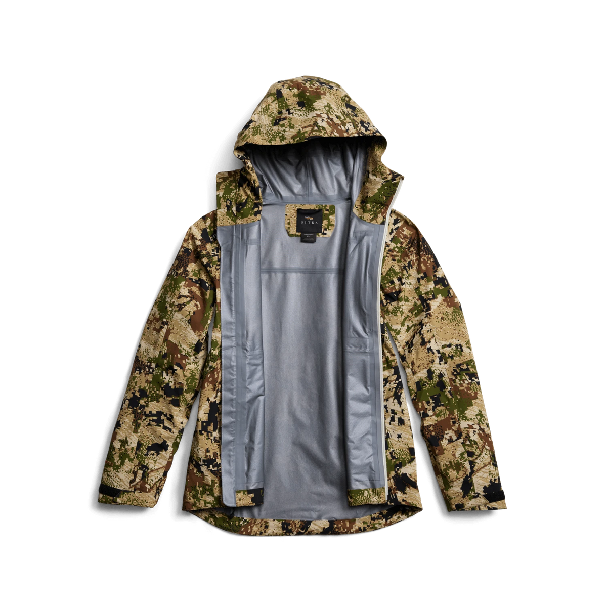 Women's Dew Point jacket, camo hooded shell with gray lining visible