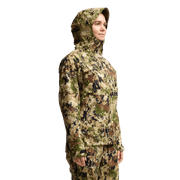 Brown-and-olive camouflage jacket with hood and front zipper