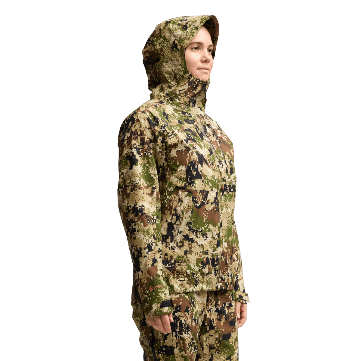 Brown-and-olive camouflage jacket with hood and front zipper