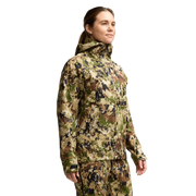 Women's Dew Point jacket, camo hooded shell shown from the side