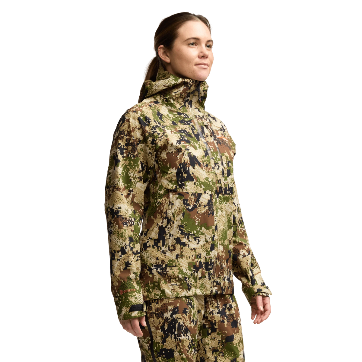 Women's Dew Point jacket, camo hooded shell shown from the side