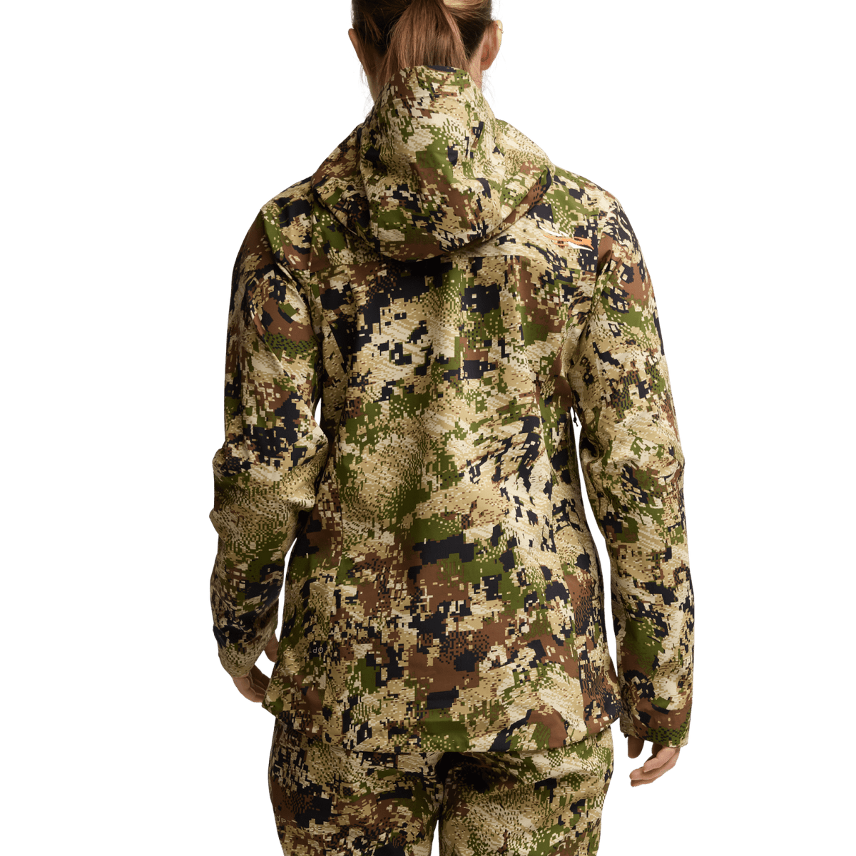 Women’s camouflage hooded jacket worn with back facing, showing hood and seams