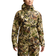 Women's Dew Point jacket, camo hooded shell with center zip and storm flap