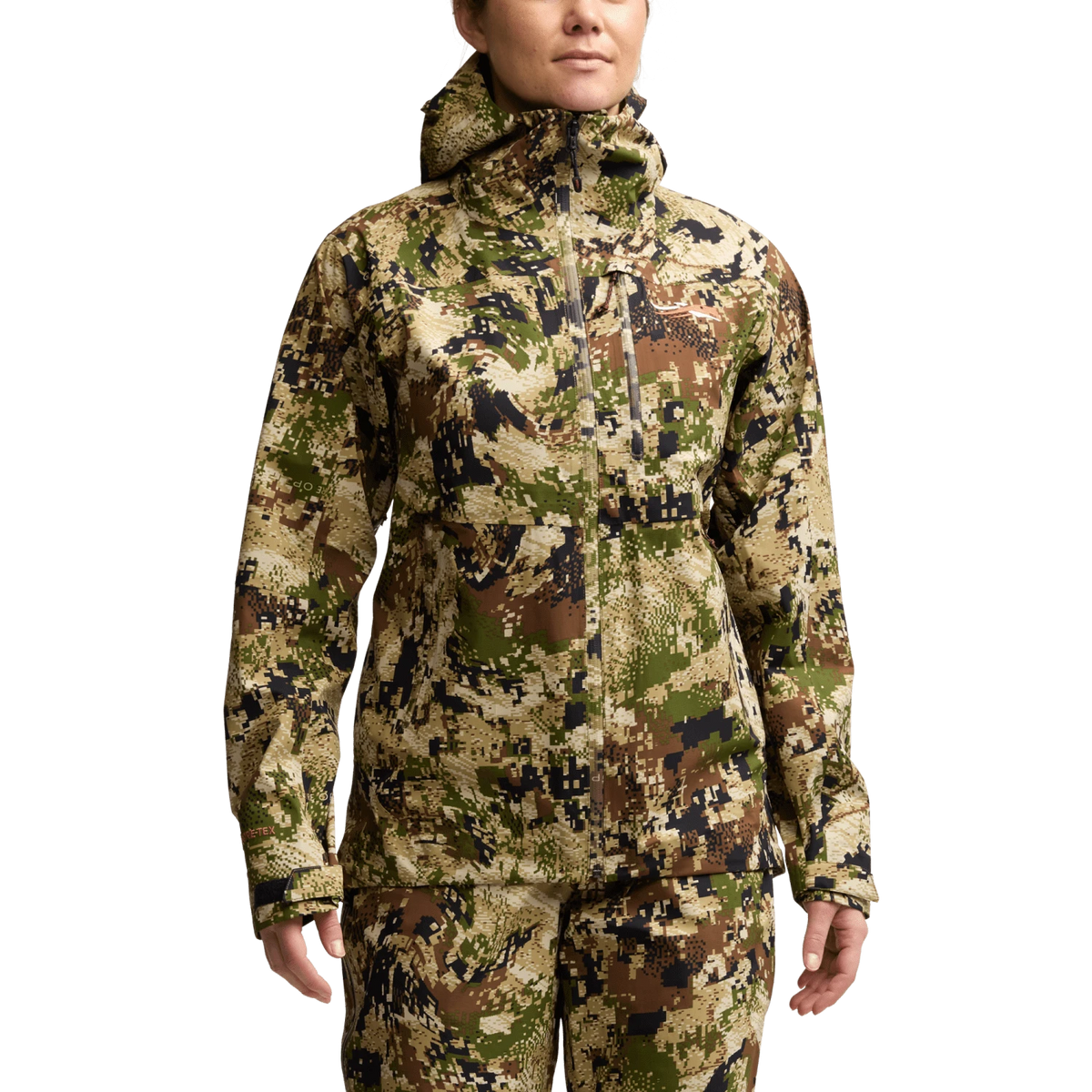 Women's Dew Point jacket, camo hooded shell with center zip and storm flap