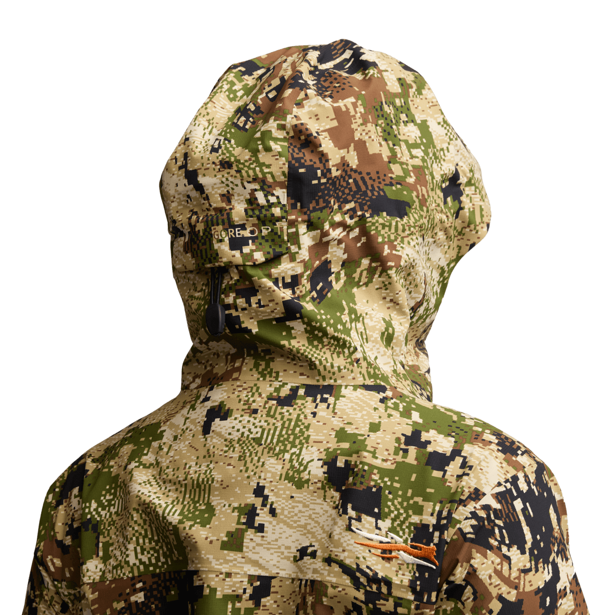Women’s hooded camo jacket, close-up view of hood and front
