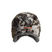 Fleece beanie hat in brown, cream, and gray camouflage with orange logo patch