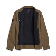 Coyote chore coat with stand collar, snap front, and large utility pockets