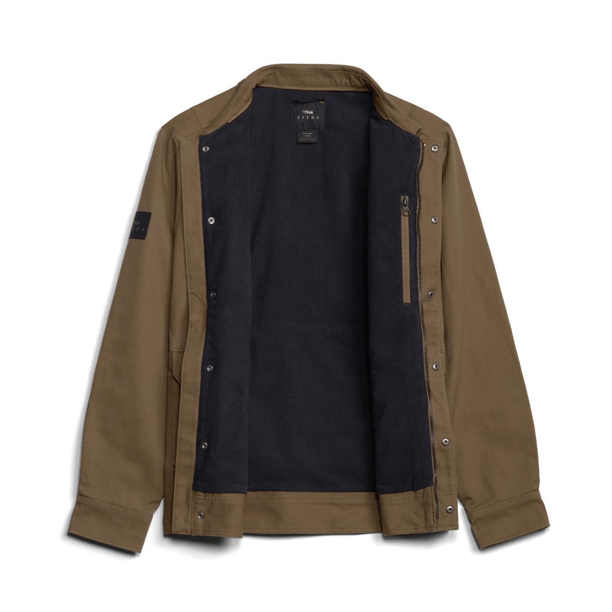 Coyote chore coat with stand collar, snap front, and large utility pockets