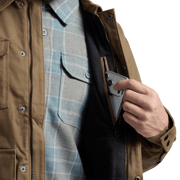 Coyote brown chore coat front detail with chest pockets and visible front zipper opening.
