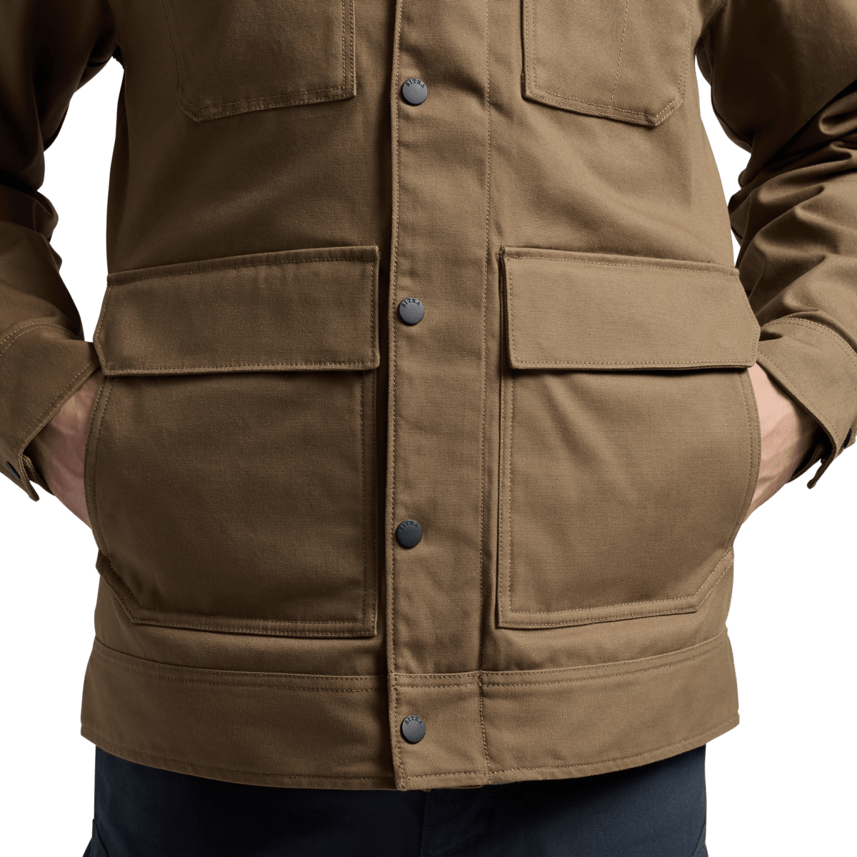 Coyote chore coat with front snap placket and two chest flap pockets