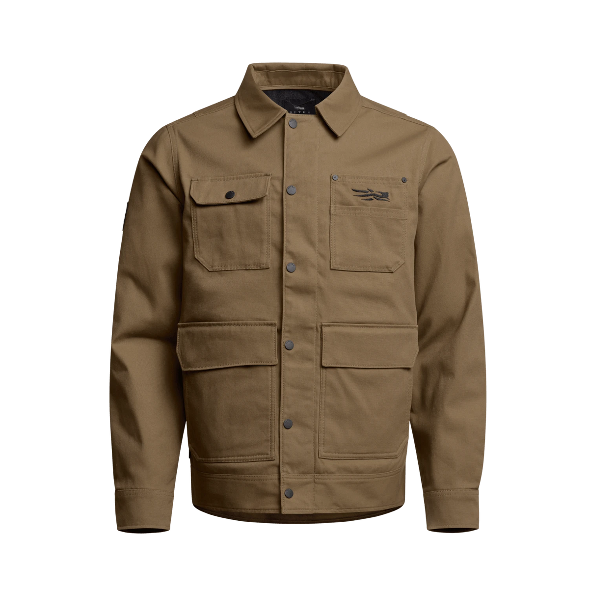 Coyote chore coat with button-up front and two flap chest pockets