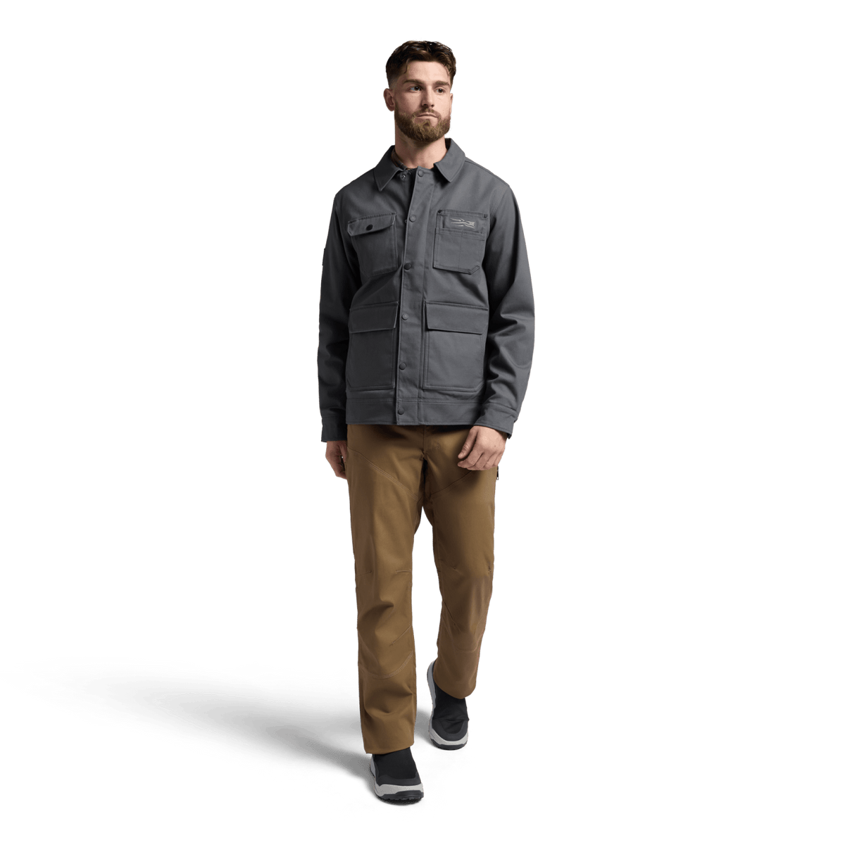 Men’s chore coat in iron grey, front view with multiple pockets and button-up front.