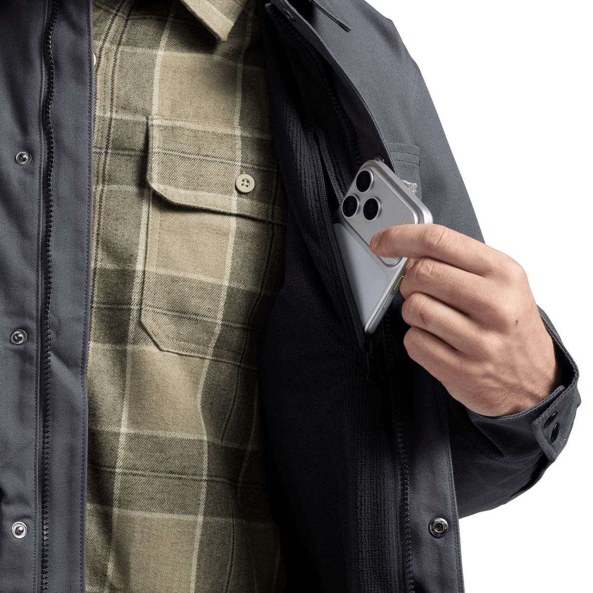Gray chore coat open to show tan plaid lining and chest pocket