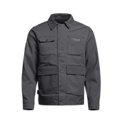 Dark gray chore coat with snap pockets and button front closure