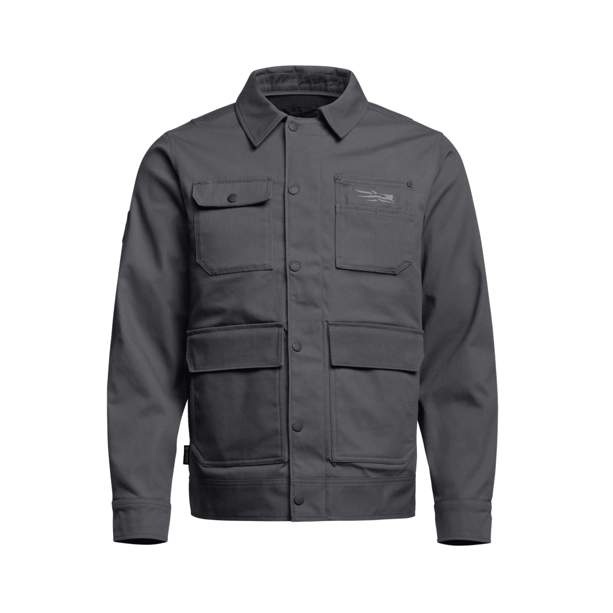 Dark gray chore coat with snap pockets and button front closure