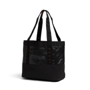 Black 40L tote bag with top handles, side panels, and front logo graphic