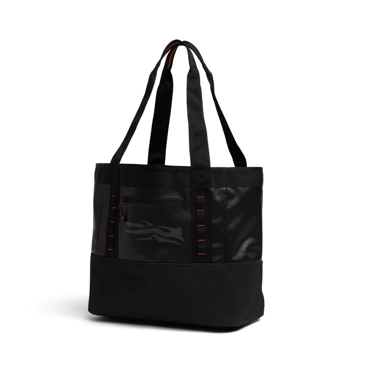 Black 40L tote bag with top handles, side panels, and front logo graphic