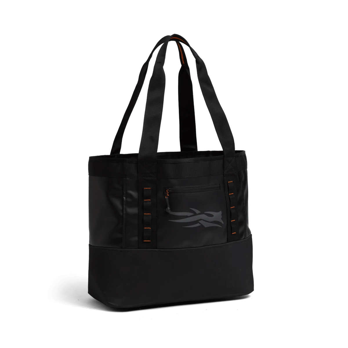 40L tote bag in Sitka Black with front logo, orange accents, and structured base