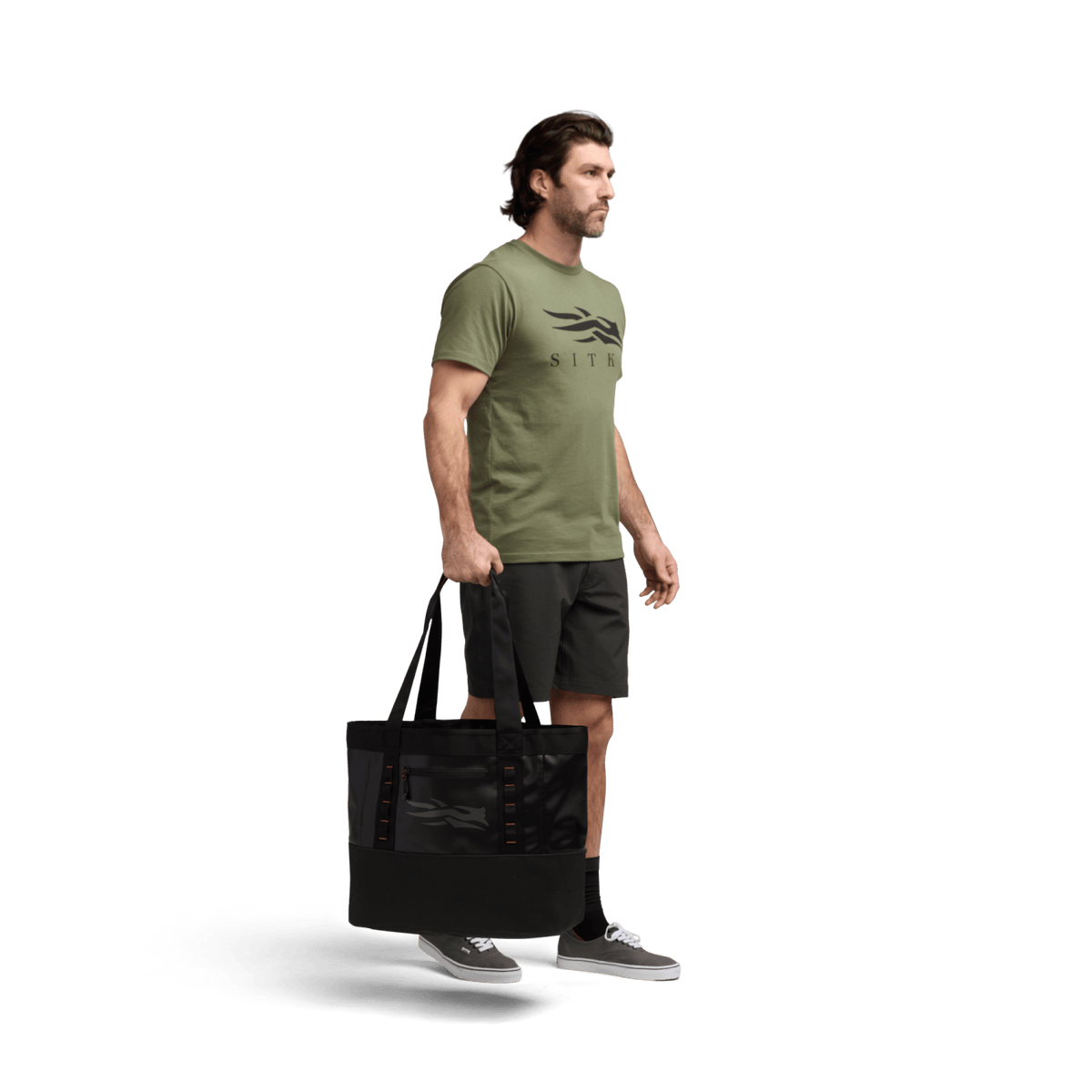 Black 40L tote bag being carried by a person with top handles