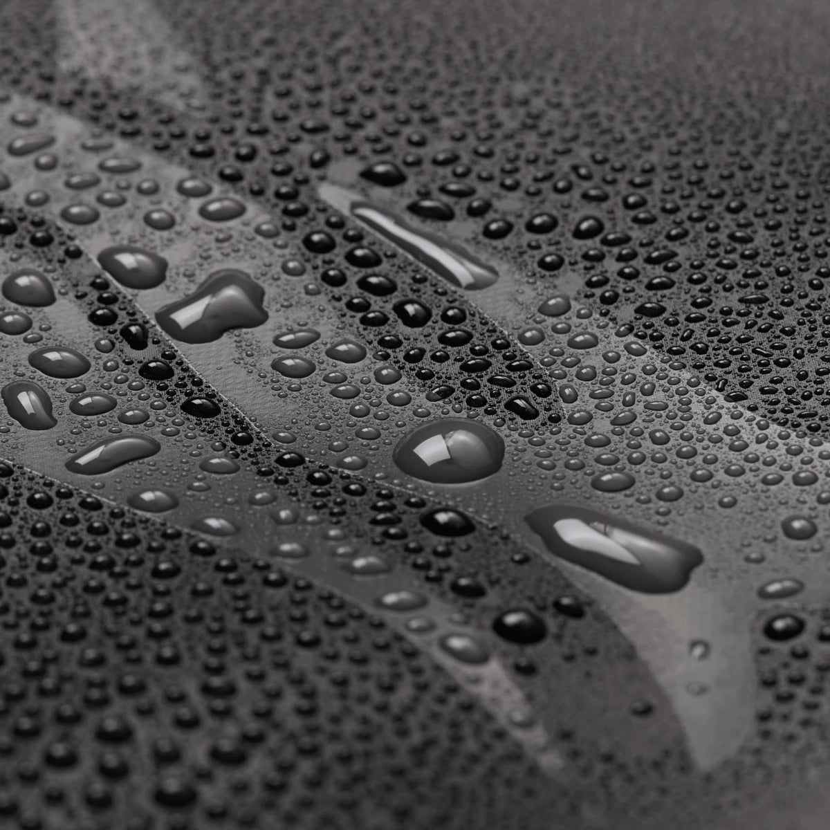 Waterproof fabric close-up with water droplets on textured surface