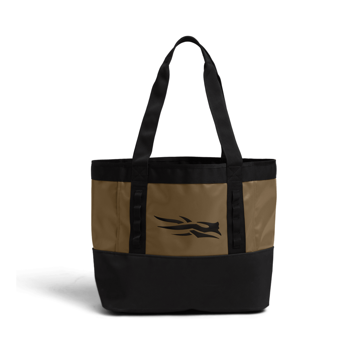 Tan and black 40L tote bag with front logo panel and top carry handles