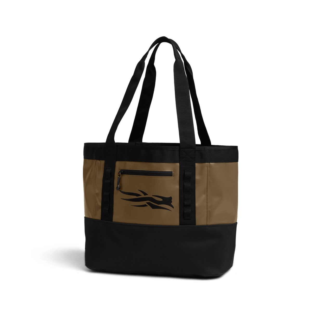 Tan and black 40L tote bag with top handles and front logo graphic