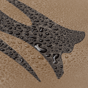 Water-repellent tote fabric with raindrops on tan and black logo panel